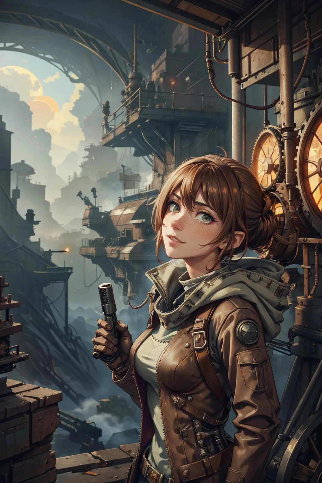 <lora:add_detail:0.75>, <lora:stylesqueeze_v1b:1.0>, <lora:anime3d:0.25>, <lora:sharpen-soften:-0.5>,
1 girl, adult (elven:0.7) woman, freckles, dark brown eyes, chestnut shaggy hair,
(style-swirlmagic:0.9), (steampunk cyborg:0.8), portrait, (bloody wounds:0.7), looking up, solo, (full body:0.6), detailed background, (<lora:SteamPunkBundleV3:0.4>, cogpunkai, cogpunk theme:1.1) evil smile, sunshine technomancer, floating metal scraps, orange tattered trenchcoat with straps, techwear, mechanical arm, hood, grenade, green canyon in background, machines, gears, steam, industry,