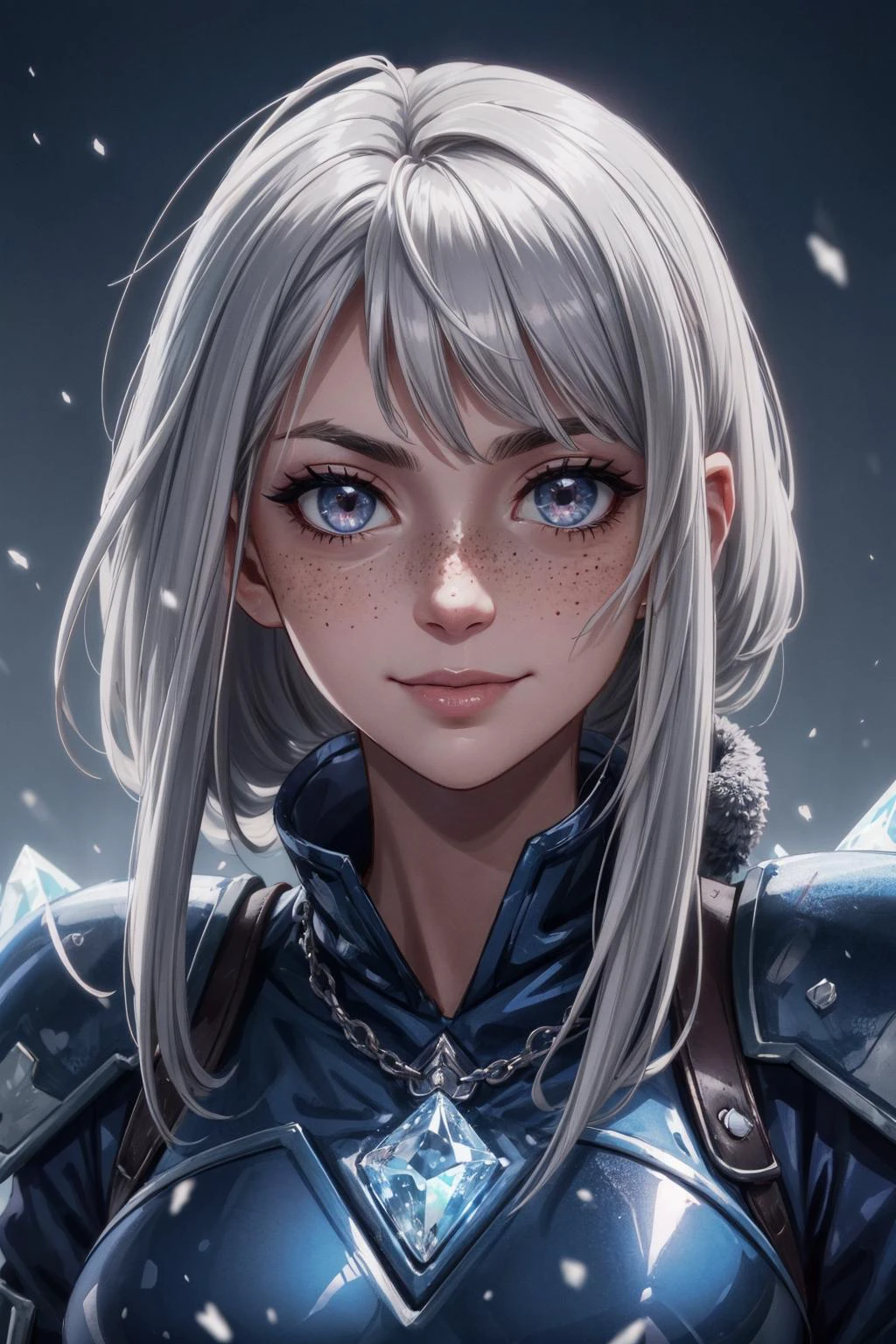 <lora:add_detail:0.75>, <lora:stylesqueeze_v1b:1.0>, <lora:anime3d:0.25>, <lora:sharpen-soften:-0.5>,
<lora:GoodHands-beta2:0.8>,
1 girl, adult [russian:japanese:0.3] woman, freckles, silver eyes, light brown shaggy hair,  
portrait, solo, half shot, detailed background, detailed face, (high fantasy medieval theme:1.1),dark blue northern warrior,  defiant smile, silent resolve, paladin, dynamic pose, (crystalline ice armor:1.05),  crystalline amulet,  surrounded by magical aura,  icicles, cold, cold steel, frosty breath, snowy background, cracked ice, in background low light, dark night, cinematic atmosphere,
