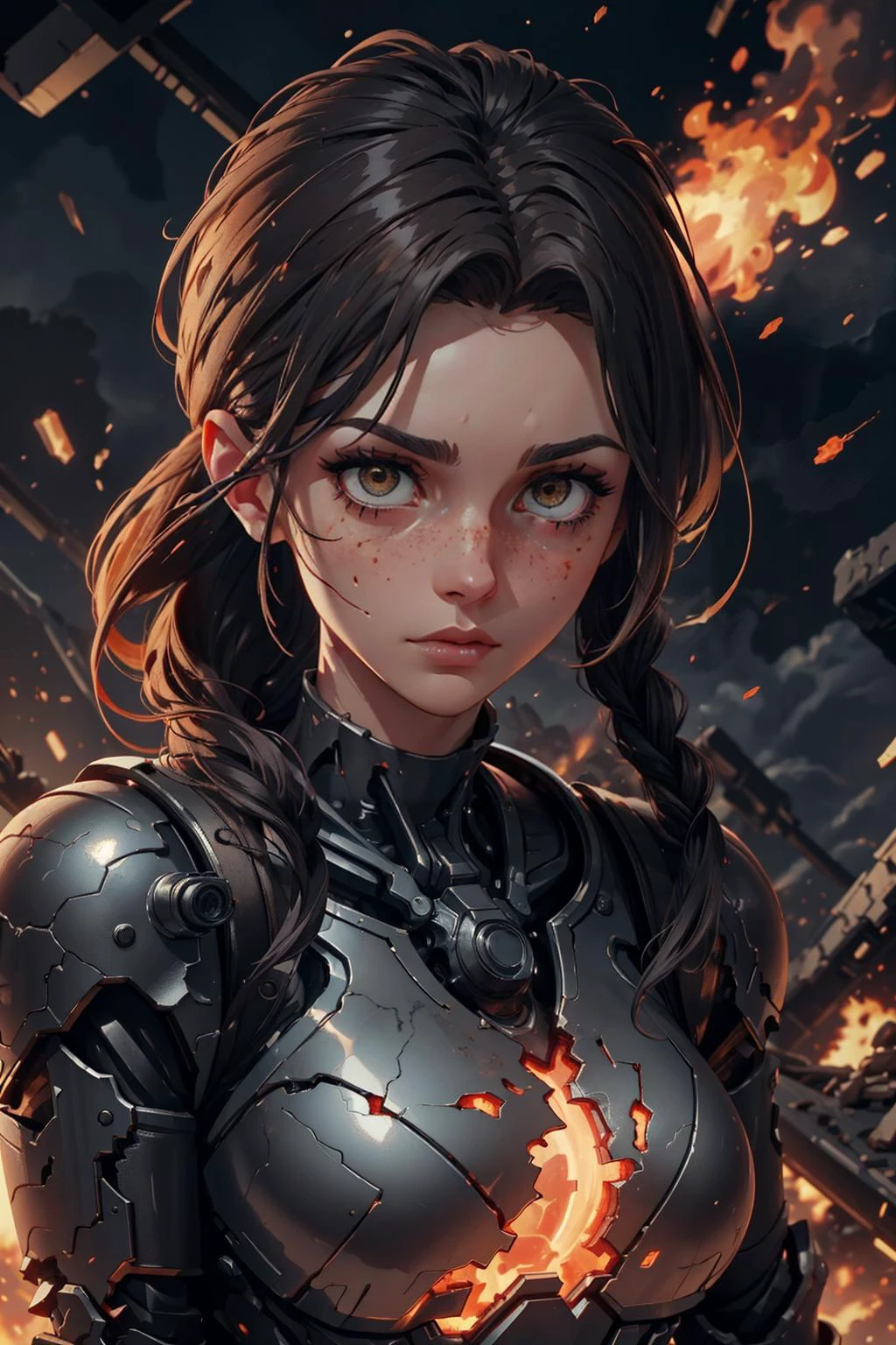 <lora:add_detail_v5:0.75>, <lora:stylesqueeze_v1b:1.0>, <lora:anime3d:0.5>, <lora:sharpen-soften:-0.5>,
1 girl, adult (elven:0.7) woman, freckles, dark brown eyes, dark red waterfall braid,
solo, (full body:0.6), looking down, detailed background, detailed face, (<lora:MagmaTech:0.5>, MagmaTech theme:1.1), intense expression, dynamic pose, glass-cyborg, (made of glass:1.1), colorful, champion, glass armor, dirty glass, arcane, power source, magical symbols, mystic power, crackling electricity, intense heat, battlefield in background, epic atmosphere,
<lora:adventurers_v1:0.4>,