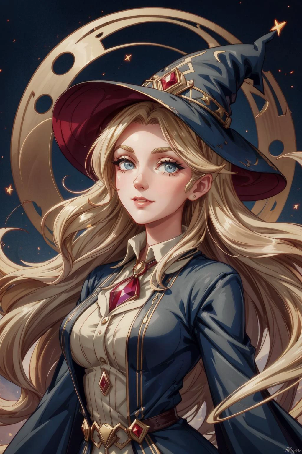 <lora:add_detail:0.75>, <lora:stylesqueeze_v1b:1.0>, <lora:anime3d:0.25>, <lora:sharpen-soften:-0.5>,
1 girl, adult (elven:0.7) woman, ruby eyes, dark blonde beach waves hair,
portrait, looking away, solo, half shot, detailed background, (<lora:ArtDecoAI:0.3>, ArtDecoAI, 1920s art deco theme:1.1), light smile, witch hat, witch, magical atmosphere, hair flowing in the wind, yellow trimmed light colored clothes, colorful whirlwind of glowing magic lightning in the air, dark magic, floating particles, underground dungeon background, backlighting,