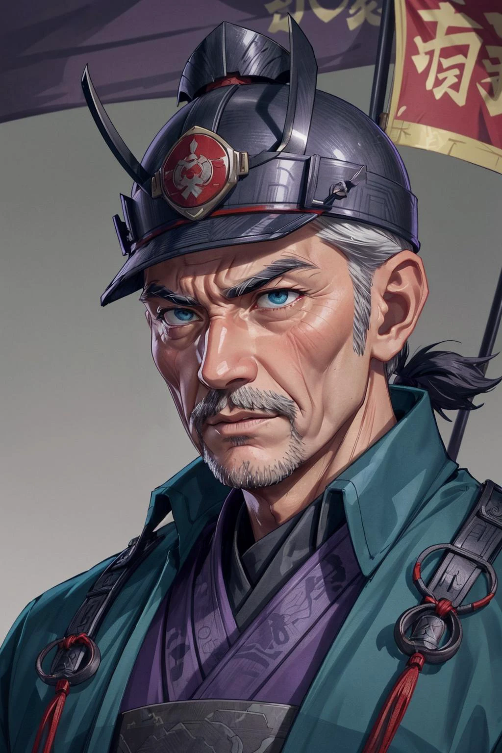 <lora:add_detail:0.75>, <lora:stylesqueeze_v1b:1.0>, <lora:anime3d:0.25>, <lora:sharpen-soften:-0.5>,
(1man, wrinkled face, old male:1.2), wise, teal eyes, graying hair, blunt cut,
portrait, solo, upper body, looking down, detailed background, detailed face, (imperial chinese theme:1.1), shogun, dark purple samurai clothing, samurai helmet, aggressive expression, banner in background, cinematic atmosphere,