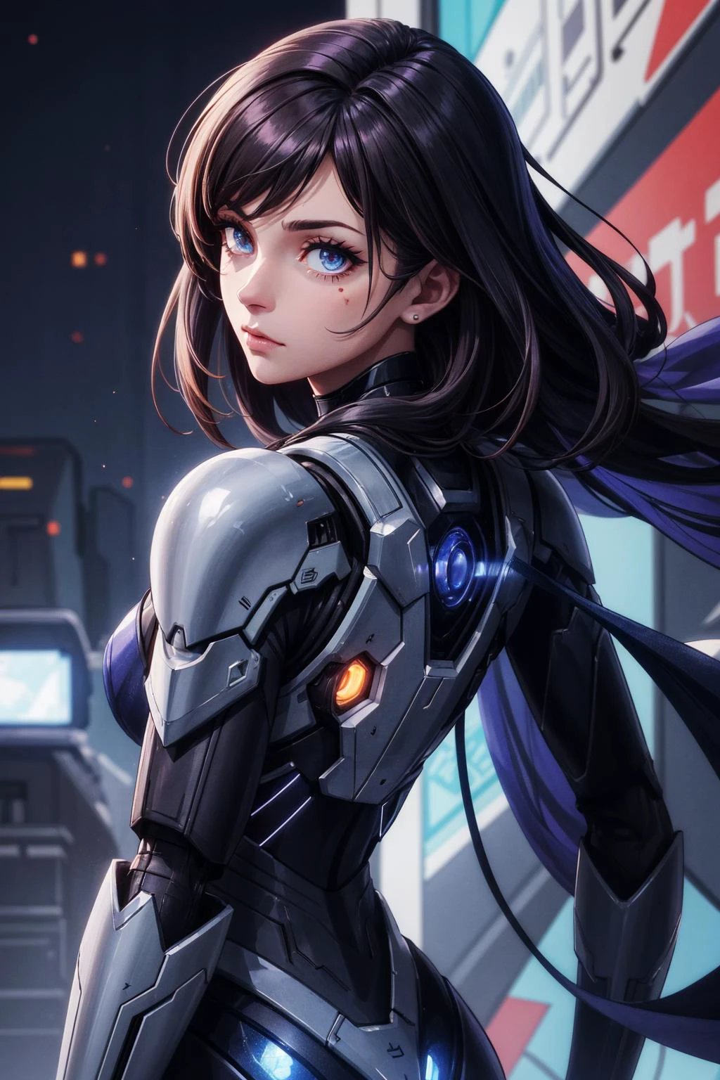 <lora:add_detail:0.75>, <lora:stylesqueeze_v1b:1.0>, <lora:anime3d:0.25>, <lora:sharpen-soften:-0.5>,
<lora:GoodHands-beta2:0.8>,
from back, back view,
1 girl, adult european woman, ruby eyes, dark brown straight hair,
Style-GravityMagic, cyborg portrait, (bloody scars:0.7), looking at viewer, solo, half shot, detailed background, close up, detailed face, futuristic shining cobalt armor, light mobile armor, hexagonal pattern, cape, rivets, advanced technology, nanotech, dynamic pose, epic galactic battlefield in background, lens flare, neon lights, lasers, explosions, screens, hologram, cinematic atmosphere,