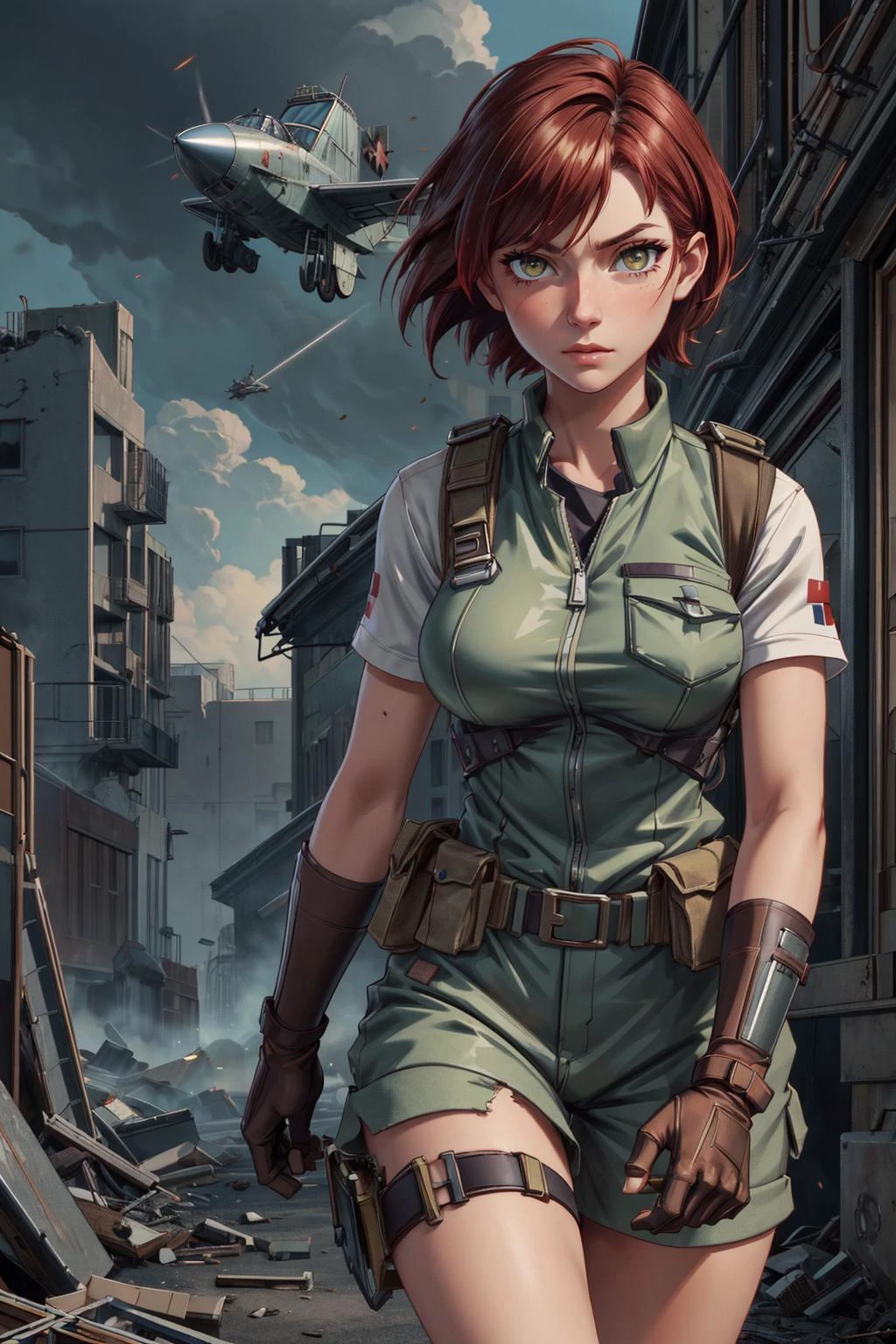 <lora:add_detail:0.75>, <lora:stylesqueeze_v1b:1.0>, <lora:anime3d:0.25>, <lora:sharpen-soften:-0.5>,
1 girl, adult [russian:japanese:0.3] woman,  amber eyes, dark red short hair, 
 solo, half shot, looking at viewer, detailed background, detailed face, (<lora:ChromeTech:0.6>,   metallic, chrometech theme:1.1), battlefield-medic, field-surgeon, exhausted,  tattered military medic uniform, vest,  gloves, belt, green cross, military insignia, first aid kit,  toruniquet, morphine,    running, war torn ruined blasted building, debris in background,  gunfire, intense action, planes in the air, heroism, cinematic atmosphere,