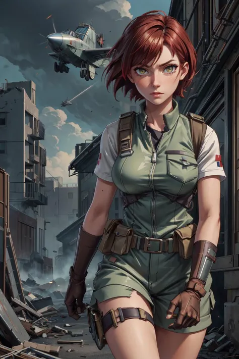 <lora:add_detail:0.75>, <lora:stylesqueeze_v1b:1.0>, <lora:anime3d:0.25>, <lora:sharpen-soften:-0.5>,
1 girl, adult [russian:japanese:0.3] woman,  amber eyes, dark red short hair, 
 solo, half shot, looking at viewer, detailed background, detailed face, (<lora:ChromeTech:0.6>,   metallic, chrometech theme:1.1), battlefield-medic, field-surgeon, exhausted,  tattered military medic uniform, vest,  gloves, belt, green cross, military insignia, first aid kit,  toruniquet, morphine,    running, war torn ruined blasted building, debris in background,  gunfire, intense action, planes in the air, heroism, cinematic atmosphere,