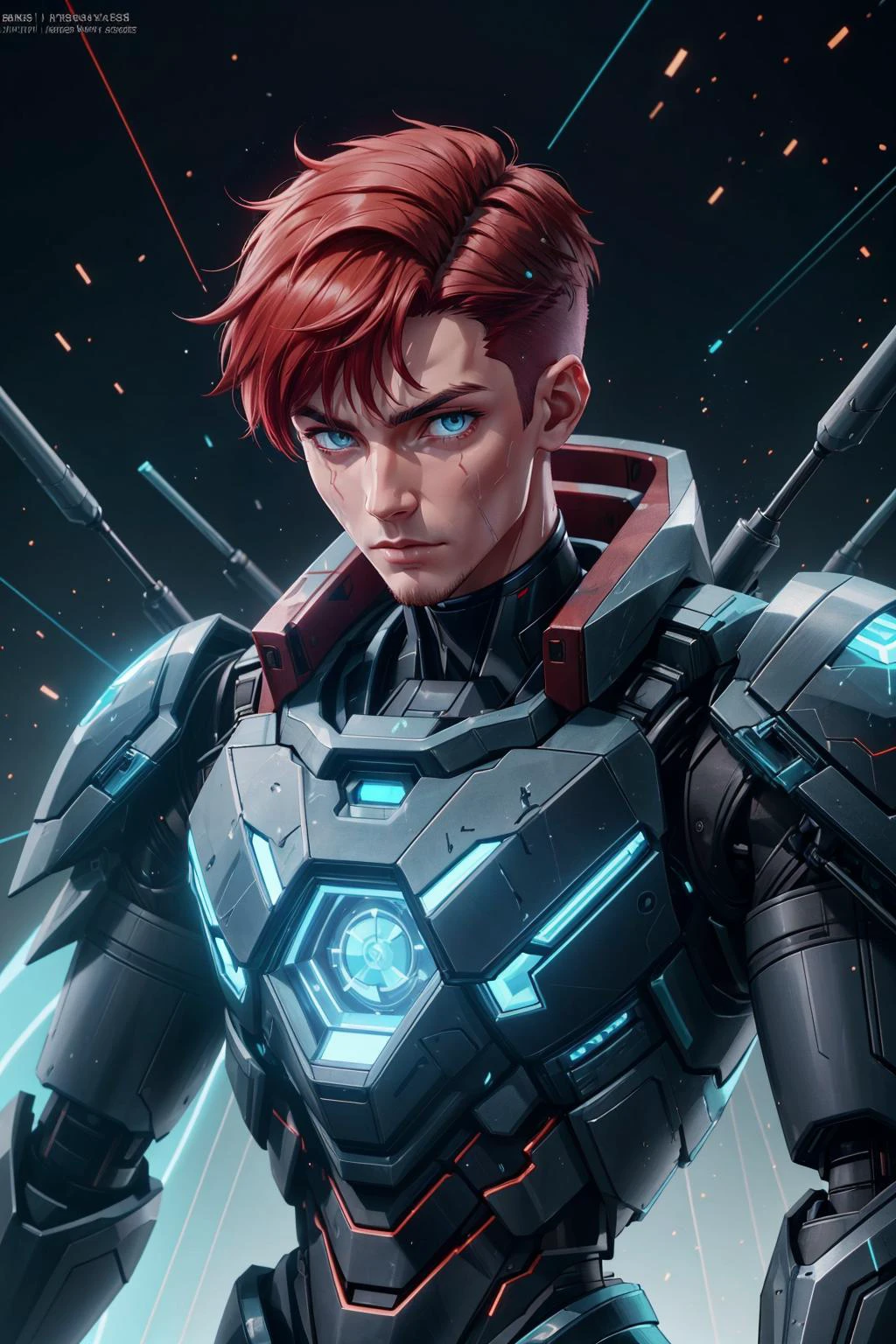 <lora:add_detail:0.75>, <lora:stylesqueeze_v1b:1.0>, <lora:anime3d:0.25>, <lora:sharpen-soften:-0.5>,
(1man, masculine adult ukrainian male:1.2), teal eyes, dark red hair, mid-fade,
cyborg portrait, (bloody scars:0.7), looking at viewer, solo, half shot, detailed background, close up, detailed face, (<lora:NodesTech:0.6>, data-space, NodesTech theme:1.1), futuristic shining digital cobalt armor, light mobile armor, circular pattern, cape, advanced technology, epic spaceship in background, lasers, screens, hologram, cinematic atmosphere,