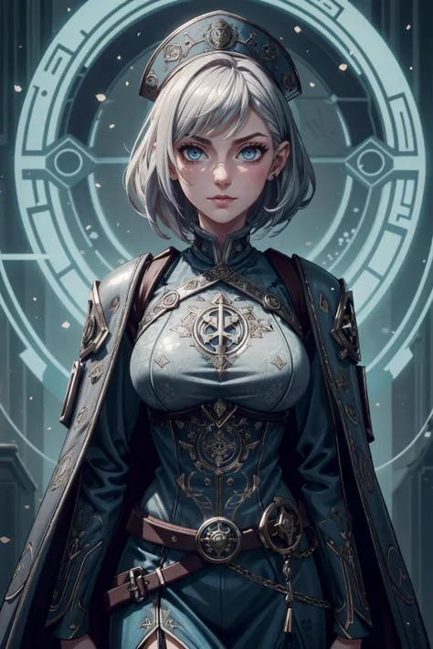 <lora:add_detail:0.75>, <lora:stylesqueeze_v1b:1.0>, <lora:anime3d:0.25>, <lora:sharpen-soften:-0.5>,
1 girl, adult ukrainian woman,  aquamarine eyes, chestnut short hair, 
  portrait, looking down, solo, upper body, detailed background, (<lora:GlyphTech:0.5>, glyphs, scifi,   glyphtech theme:1.1), hexbreaker, smirk, silver trimmed elaborate intricate padded leather clothes, coat,  straps, belts, skull symbols,  buckles, silver blade, shadowed face, imperial seal,  wide brimmed  hat,   medieval guild house in background, winter, eerie atmosphere, dim lighting, shadows, warhammer dark fantasy,