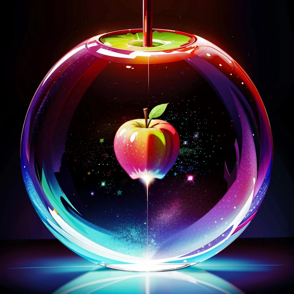 a photo of a beautiful nebula with a huge psychedelic glass apple, lit by a glowing neon light, surreal, sharp focus, grain effect, centered in frame