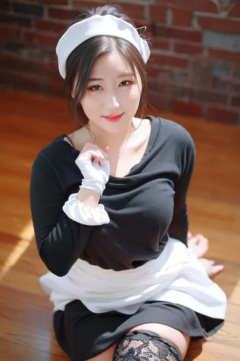 knj, masterpiece, masterpiece portrait, best quality, extremely detailed, watercolor, depth of field, realistic lighting,1girl, solo, Instagram model, character focus, thigh boots, hips out. white gloves,maid headdress,