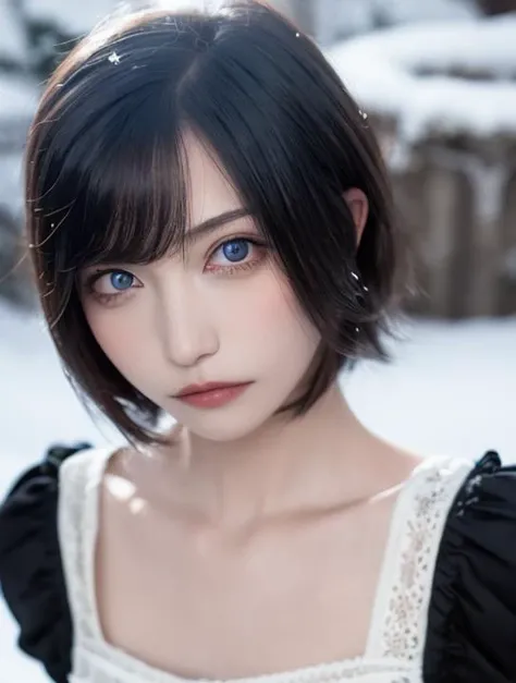 masterpiece, best quality,cowboy shot,realistic,1girl, solo,Exquisite face and eyes,standing, arms behind back,parted lips,black hair,black eyes,short hair, seifuku,looking at viewer, outdoors, snow, <lora:shuaiyinyin-000004:1>