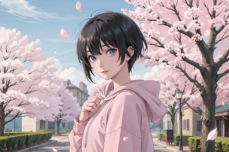 8K , best quality , masterpiece , ultra detailed , photo-realistic ,1girl, solo, short hair, pink hoodie, (cute:1.0) , smiling , (looking at viewer:1.0) , (big eyes:1.0), tomboy, white baseball cap, sakura tree, (sakura petals:1.2), street, (black hair:1.3), blue eyes, <lora:komoshuaiCNCoser_v15:0.9>