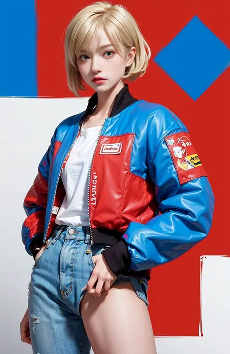 abstract 1998 european blond hiphop girl by sachin teng x supreme, attractive, stylish, designer, red,  geometric shapes, graffiti, street art, full body, cowboy shot,  <lora:komoshuaiCNCoser_v15:0.5>