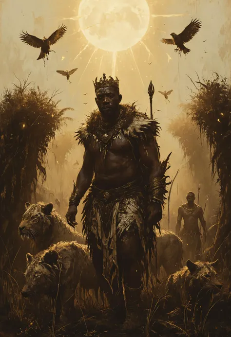 Sickly white men clad in animal skins, African Kings, flies swarm on piles of limbs, <lora:Misty_Vintage:0.8>, <lora:great_lighting:0.8> great lighting, dense light rays, <lora:Bio-Luminescence:0.8> bioluminescent, glowing