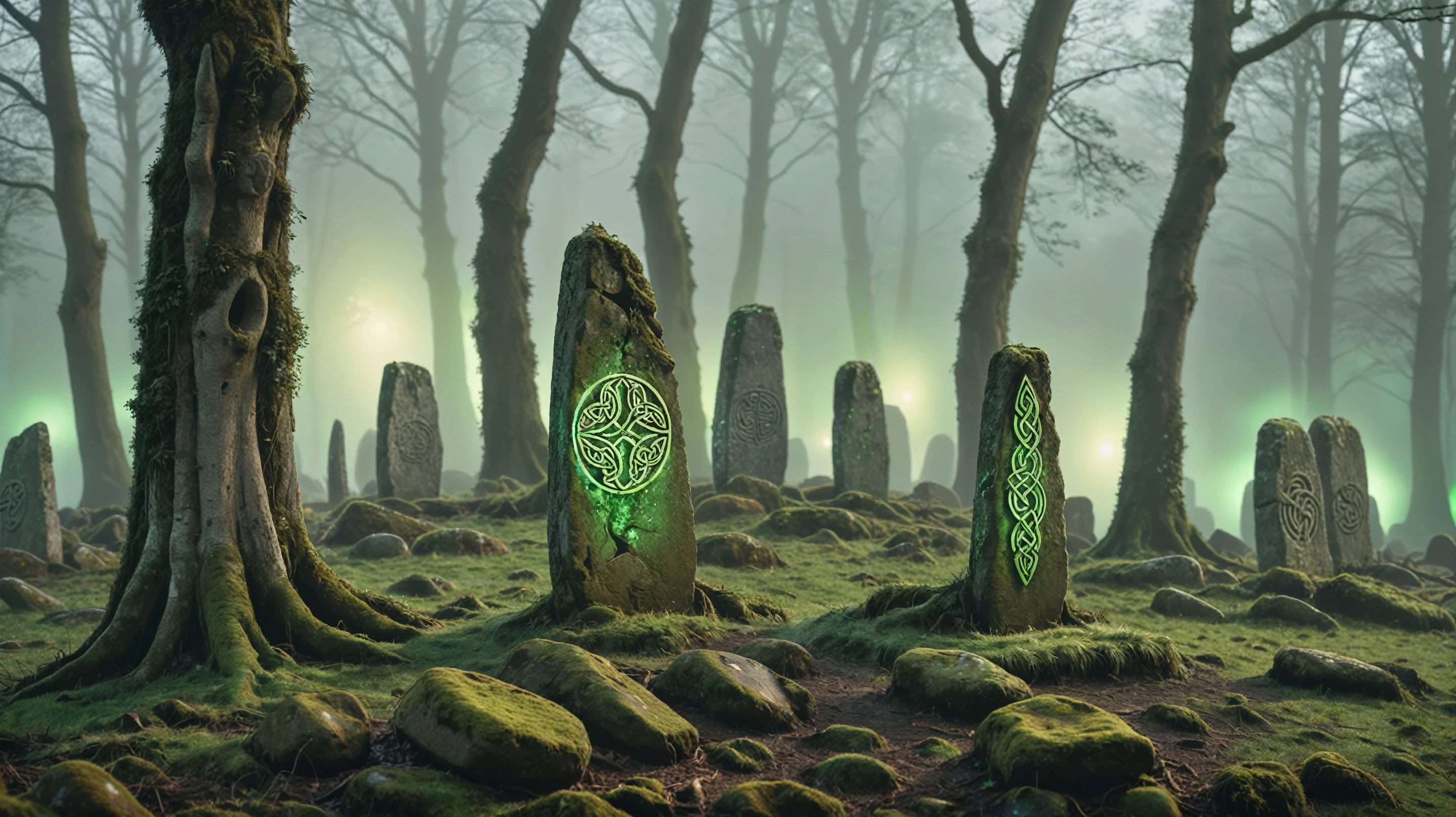 realistic detailed photo of a mystical forest shrouded in mist, with ancient standing stones bearing Celtic symbols rising from the earth. Captured with a 50mm f/1.8 lens, the image conveys a sense of mystery and ancient magic, providing a captivating backdrop for Saint Patrick's Day celebrations, 8K, UHD, DSLR, film grain, insane details, award-winning, <lora:Wild_nature_XL:0.5>, <lora:WildcardX-XL-Detail-Enhancer:0.5>, <lora:Bio-Luminescence:0.5>, bioluminescent