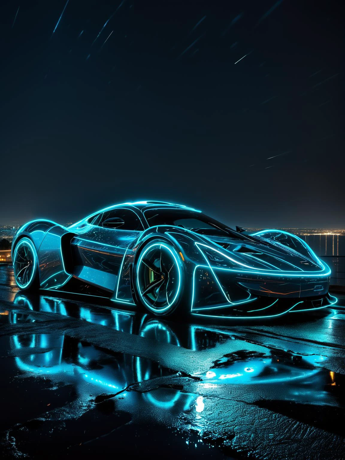 bioluminescent, A sleek sports car driving through a night cityscape, its lines and edges highlighted with a bioluminescent glow that reflects off the wet asphalt <lora:Bio-Luminescence:1>, <lora:EnvyBetterHiresFixXL01:0:hr=1>