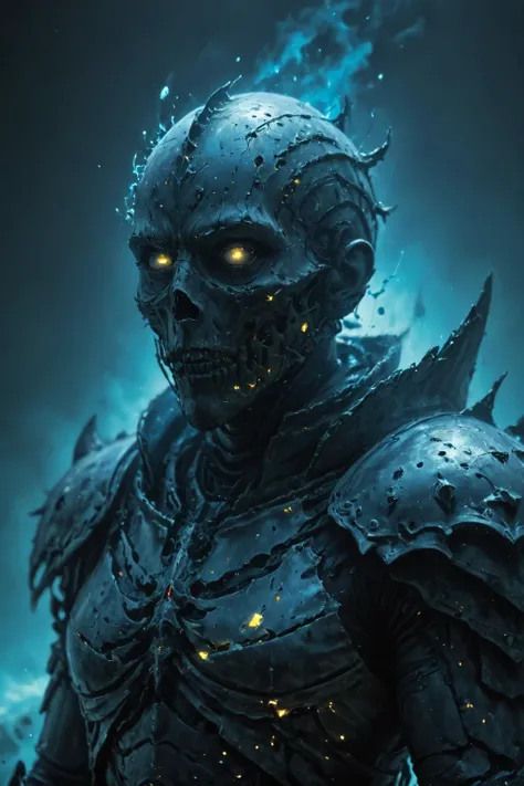 cosmic canvas, masterpiece, professional artwork, haunted mansion background, night time, bioluminescent armor, ((portrait of a powerful death knight)), bioluminescent paint splatter, upper body portrait, light fog,<lora:Bio-Luminescence:1> <lora:Cosmic_Canvas_SDXL:1>
