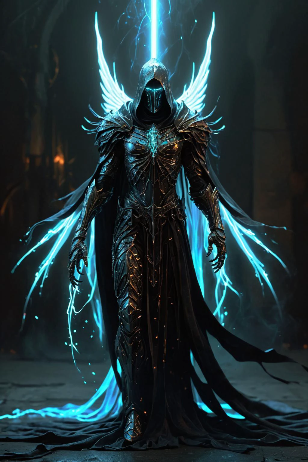 BIOLUMINESCENT,GLOWING,<lora:Bio-Luminescence:1>,poster art,evil knight with a long flowing dark cape,angel of darkness,fearsome and visually striking character with shifting tendrils,dark holographic glow,dim light,fantasy art,attention to details,octane render,volumetrics,by greg rutkowski [, ,