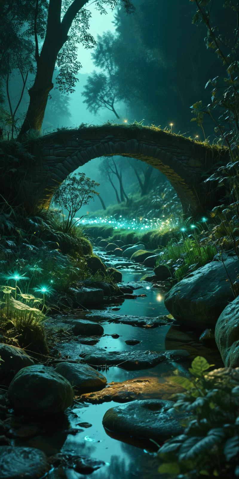 (8k analog photo,magical landscape:1.2),
a stone bridge over a creek in a magical valley with glittering plantlife all around,
<lora:Bio-Luminescence:1> bioluminescent