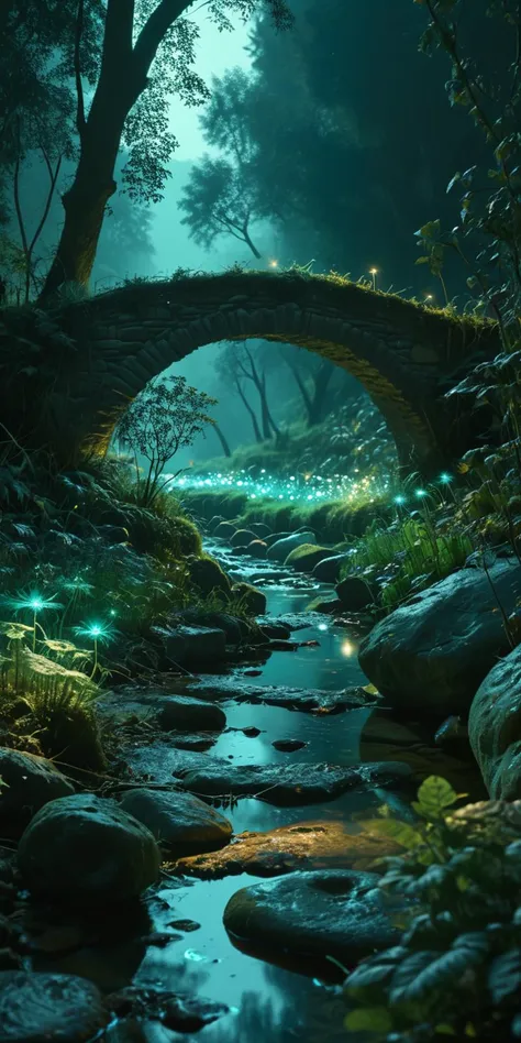 (8k analog photo,magical landscape:1.2),
a stone bridge over a creek in a magical valley with glittering plantlife all around,
<lora:Bio-Luminescence:1> bioluminescent