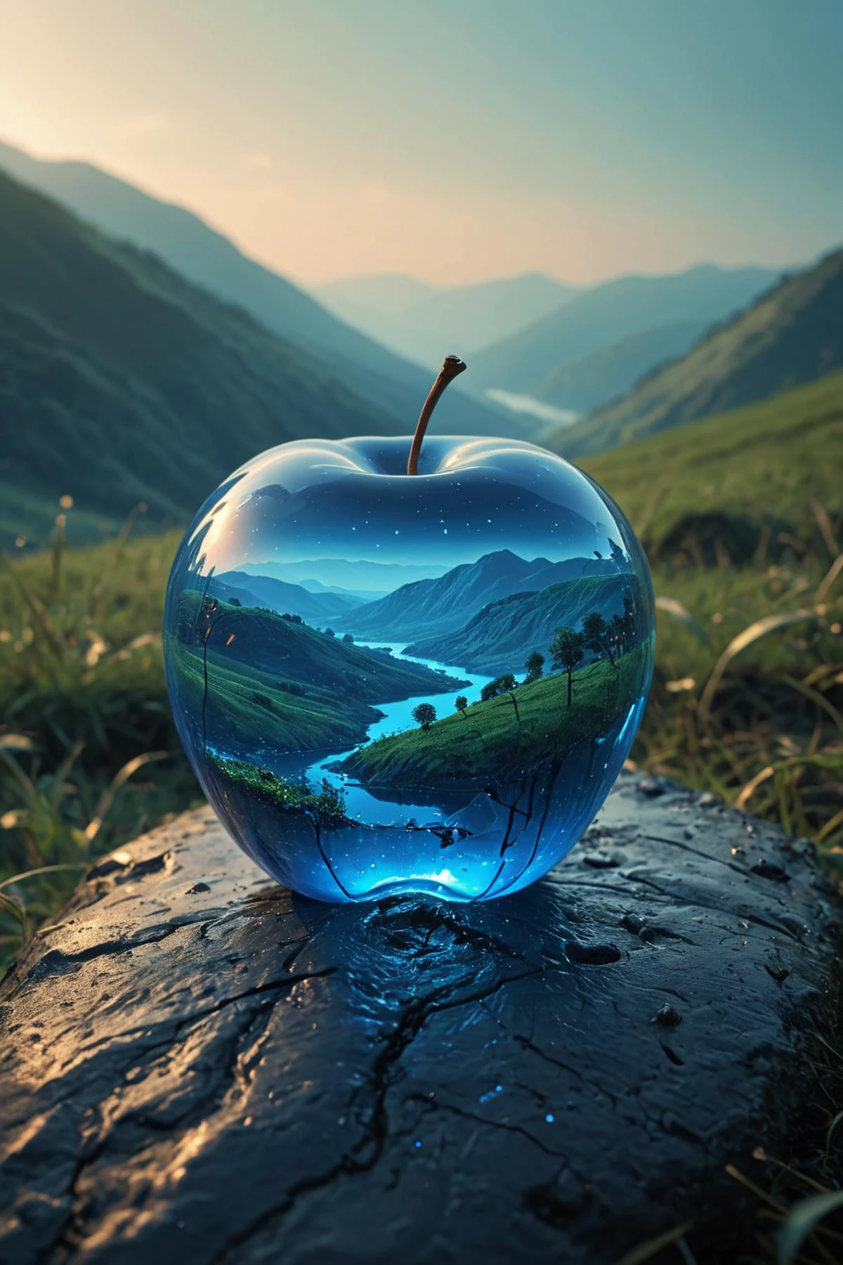 (8k digital nature photography:1.2),
(an idyllic landscape:1.1) with hills in the distance,
shiny sapphire (see-through:1.2) apple ,
<lora:Bio-Luminescence:1> bioluminescent