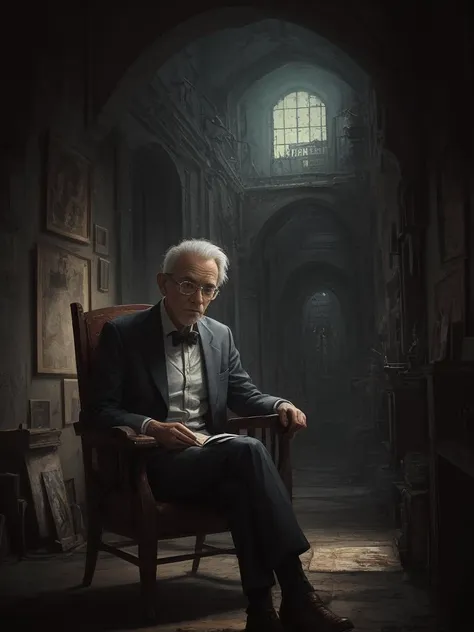 oldman in chair, complex stuff around, intricate in the background, art, close up, painting, detailed, cartoon, cinematic shot, fantasy, low saturation, vignette, [hdr]