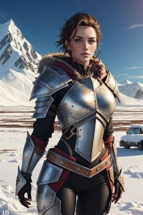 1girl, Mature Woman, Over The Shoulder Angle, Full Body, (Fit, Abs, Athletic:0.4), (Yawn:0.7), ( landscape with Rectilinear, Hard Science Fiction Themes, Siberian Arctic Location1.0) (Masterpiece, Hypermaximalist, Maximalism, Best Quality, 8k, Highres, Absurdres, 4k, High Quality, Ultra High Res, Highest Quality, Ultra Detailed, 8k Uhd, Realistic, Highly Detailed, Ultra-Detailed:1.0), (Cinematic Lighting, Hdr, Raw Photo, Sharp Focus, Photorealistic, Realistic:1.0), (Round shaped face, Rugged Face Features, Rough Weathered Rugged Jawline, Textured Skin, Pronounced Wrinkles,:1.2), (Beautiful Face, Detailed Face, Beautiful Eyes, Detailed Eyes, Beautiful Detailed Eyes:1.0), Blood Magus wearing Metal Heavy Banded mail Armor,