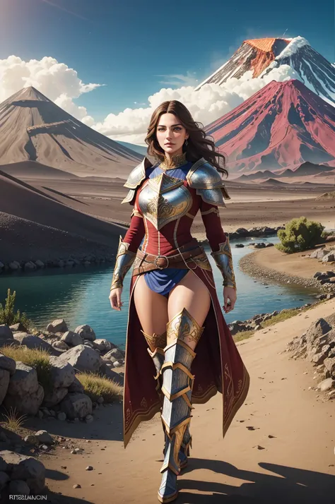 1girl, Mature Woman, Establishing Shot, Full Body, (Fit, Abs, Athletic:0.4), (Joyful Wide Smile Raised Cheeks Sparkling Eyes:0.7), ( landscape with people, Renaissance Themes, Volcano Location1.0) (Masterpiece, Hypermaximalist, Maximalism, Best Quality, 8k, Highres, Absurdres, 4k, High Quality, Ultra High Res, Highest Quality, Ultra Detailed, 8k Uhd, Realistic, Highly Detailed, Ultra-Detailed:1.0), (Cinematic Lighting, Hdr, Raw Photo, Sharp Focus, Photorealistic, Realistic:1.0), (Triangle shaped face, Masculine Face Features, Male Appearance, Strong Jawline, Prominent Brow Squ Face Features,:1.2), (Beautiful Face, Detailed Face, Beautiful Eyes, Detailed Eyes, Beautiful Detailed Eyes:1.0), Thaumaturge wearing Metal Heavy Plate mail Armor,
