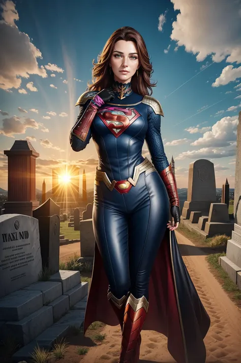 1girl, Mature Woman, Dutch Tilt Angle, (Full Body:1.2), (Fit, Abs, Athletic:0.4), (Raised Eyebrow Frown:0.7), ( landscape with sun, Superhero Themes, Crypt Location1.0) (Masterpiece, Hypermaximalist, Maximalism, Best Quality, 8k, Highres, Absurdres, 4k, High Quality, Ultra High Res, Highest Quality, Ultra Detailed, 8k Uhd, Realistic, Highly Detailed, Ultra-Detailed:1.0), (Cinematic Lighting, Hdr, Raw Photo, Sharp Focus, Photorealistic, Realistic:1.0), (Oval shaped face, Asymmetrical Face Features, Not Perfectly Balanced Proptioned Face Features, Slightly Crooked Nose, Uneven Eyes,:1.2), (Beautiful Face, Detailed Face, Beautiful Eyes, Detailed Eyes, Beautiful Detailed Eyes:1.0), Illusionist wearing Medium Leather scale armor,