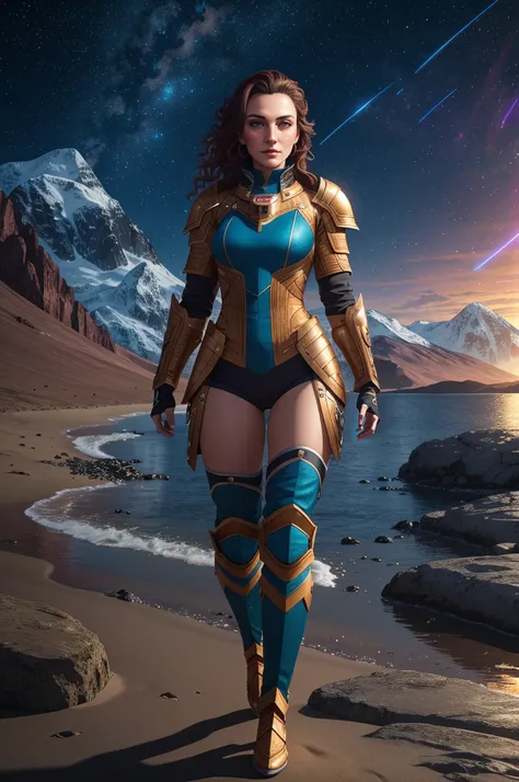 1girl, Mature Woman, Worm's Eye Angle, Full Body, (Fit, Abs, Athletic:0.4), (Joy Wide Smile Raised Eyebrows Squinted Eyes:0.7), ( landscape with Hard Texture, Paranormal Romance Themes, Galactic Core Location1.0) (Masterpiece, Hypermaximalist, Maximalism, Best Quality, 8k, Highres, Absurdres, 4k, High Quality, Ultra High Res, Highest Quality, Ultra Detailed, 8k Uhd, Realistic, Highly Detailed, Ultra-Detailed:1.0), (Cinematic Lighting, Hdr, Raw Photo, Sharp Focus, Photorealistic, Realistic:1.0), (Square shaped face, Bold Face Features, Thick Eyebrows, Full Mouth, Pronounced Forehead,:1.2), (Beautiful Face, Detailed Face, Beautiful Eyes, Detailed Eyes, Beautiful Detailed Eyes:1.0), Kineticist wearing Metal Heavy Full plate armor,