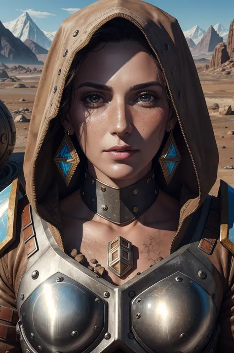 1girl, Mature Woman, Wide Shot, Full Body, (Fit, Abs, Athletic:0.4), (Lonely Downturned Mouth Droopy Eyes Sagging Cheeks:0.7), ( landscape with chroma, Post-Apocalyptic Themes, Extraterrestrial Colony Location1.0) (Masterpiece, Hypermaximalist, Maximalism, Best Quality, 8k, Highres, Absurdres, 4k, High Quality, Ultra High Res, Highest Quality, Ultra Detailed, 8k Uhd, Realistic, Highly Detailed, Ultra-Detailed:1.0), (Cinematic Lighting, Hdr, Raw Photo, Sharp Focus, Photorealistic, Realistic:1.0), (Diamond shaped face, Rugged Face Features, Rough Weathered Rugged Jawline, Textured Skin, Pronounced Wrinkles,:1.2), (Beautiful Face, Detailed Face, Beautiful Eyes, Detailed Eyes, Beautiful Detailed Eyes:1.0), Saint wearing Metal Heavy Ring mail Armor,