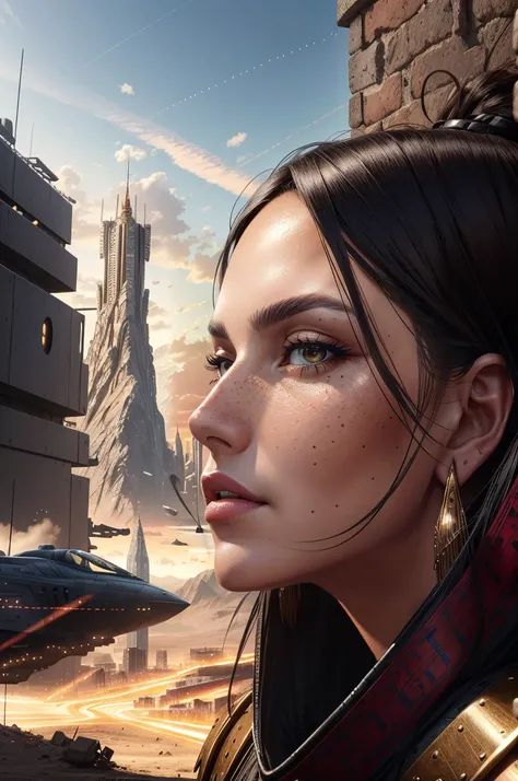 1girl, Mature Woman, Reverse Angle, Full Body, (Fit, Abs, Athletic:0.4), (Joyful Wide Smile Raised Cheeks Sparkling Eyes:0.7), ( landscape with Single-Point Perspective, Military Science Fiction Themes, Wrecked Cityscape Location1.0) (Masterpiece, Hypermaximalist, Maximalism, Best Quality, 8k, Highres, Absurdres, 4k, High Quality, Ultra High Res, Highest Quality, Ultra Detailed, 8k Uhd, Realistic, Highly Detailed, Ultra-Detailed:1.0), (Cinematic Lighting, Hdr, Raw Photo, Sharp Focus, Photorealistic, Realistic:1.0), (Rectangular shaped face, Narrow Face Features, Thin Slender Narrow Eyes, Narrow Nose, Thin Mouth,:1.2), (Beautiful Face, Detailed Face, Beautiful Eyes, Detailed Eyes, Beautiful Detailed Eyes:1.0), Shaman wearing Leather Medium Hide armor,