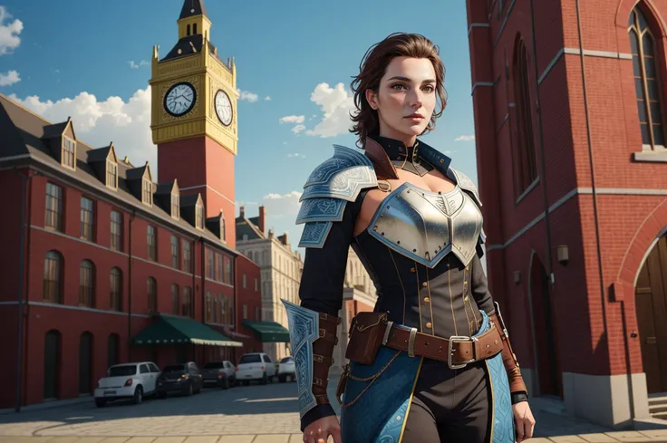 1girl, Mature Woman, Steadicam View, Full Body, (Fit, Abs, Athletic:0.4), (Determined Focused Resolute Expression Firm Jaw Direct Gaze:0.7), ( landscape with pattern, Historical Fiction Themes, Clock Tower Location1.0) (Masterpiece, Hypermaximalist, Maximalism, Best Quality, 8k, Highres, Absurdres, 4k, High Quality, Ultra High Res, Highest Quality, Ultra Detailed, 8k Uhd, Realistic, Highly Detailed, Ultra-Detailed:1.0), (Cinematic Lighting, Hdr, Raw Photo, Sharp Focus, Photorealistic, Realistic:1.0), (Pear shaped face, Masculine Face Features, Male Appearance, Strong Jawline, Prominent Brow Squ Face Features,:1.2), (Beautiful Face, Detailed Face, Beautiful Eyes, Detailed Eyes, Beautiful Detailed Eyes:1.0), Warden wearing Leather Medium Hide armor,