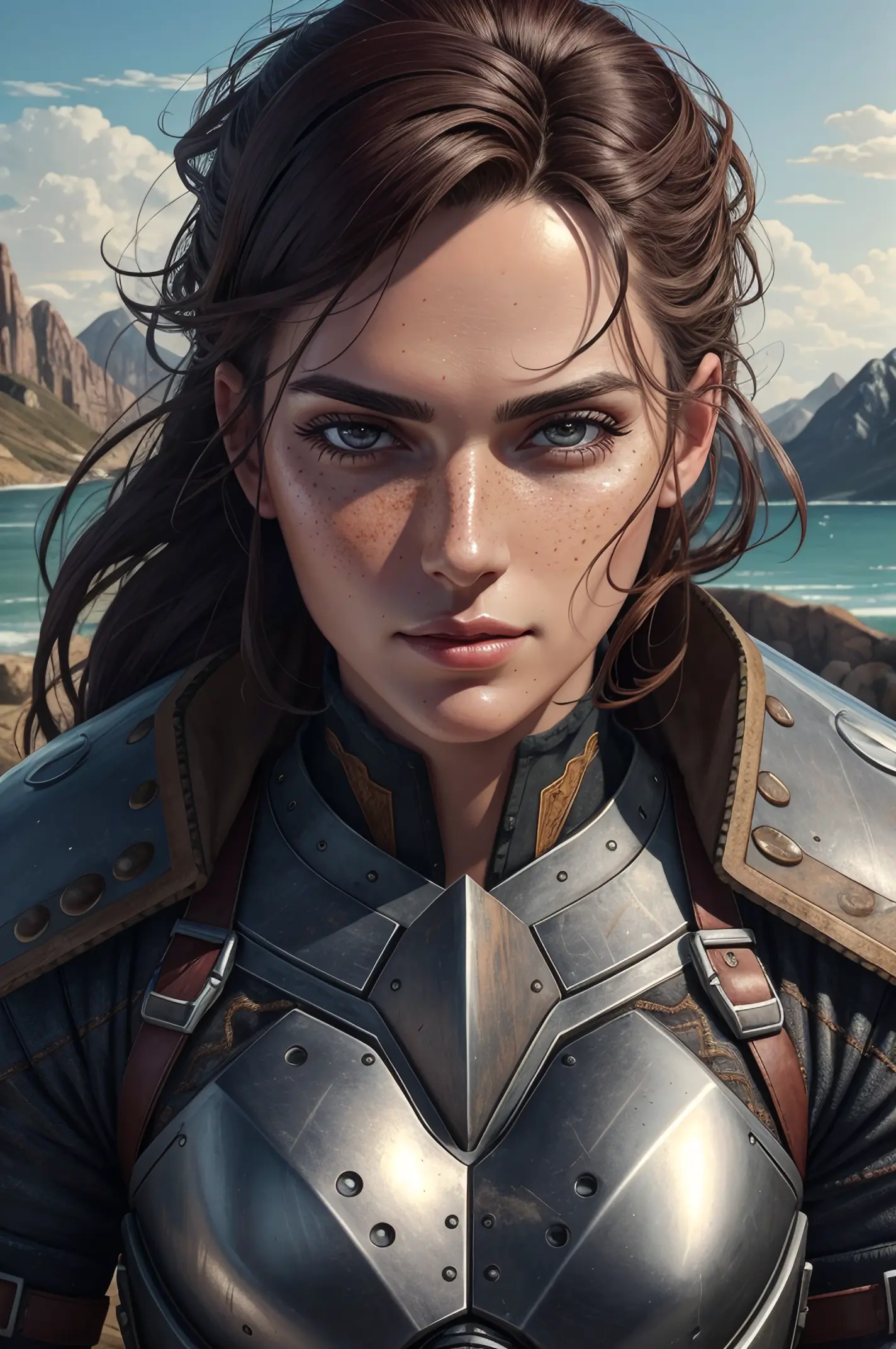 1girl, Mature Woman, Handheld View, Full Body, (Fit, Abs, Athletic:0.4), (Anger/ Angry/ Enraged Furrowed Brow Narrowed Eyes Tense Pursed Mouth:0.7), ( landscape with wind, Environmental Themes, Rebel Base Location1.0) (Masterpiece, Hypermaximalist, Maximalism, Best Quality, 8k, Highres, Absurdres, 4k, High Quality, Ultra High Res, Highest Quality, Ultra Detailed, 8k Uhd, Realistic, Highly Detailed, Ultra-Detailed:1.0), (Cinematic Lighting, Hdr, Raw Photo, Sharp Focus, Photorealistic, Realistic:1.0), (Inverted triangle shaped face, Rugged Face Features, Rough Weathered Rugged Jawline, Textured Skin, Pronounced Wrinkles,:1.2), (Beautiful Face, Detailed Face, Beautiful Eyes, Detailed Eyes, Beautiful Detailed Eyes:1.0), Brewmaster wearing Leather Light Sharkskin Armor,