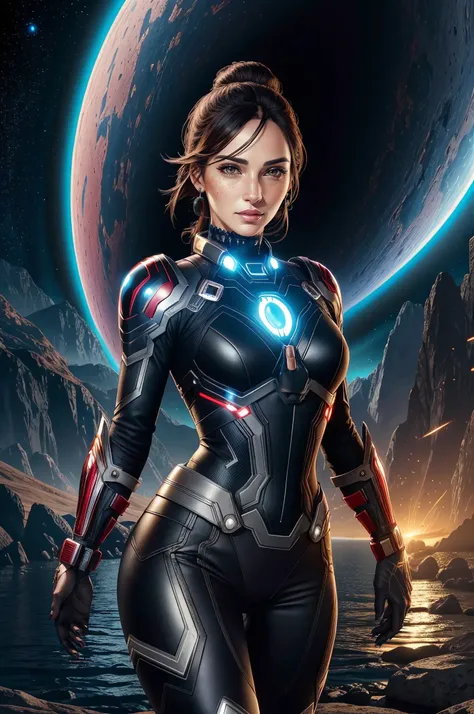 1girl, Mature Woman, Cowboy Angle, Full Body, (Fit, Abs, Athletic:0.4), (Joyful Wide Smile Raised Cheeks Sparkling Eyes:0.7), ( maximalist landscape, Techno-Thriller Themes, Supermassive Black Hole Location1.0) (Masterpiece, Hypermaximalist, Maximalism, Best Quality, 8k, Highres, Absurdres, 4k, High Quality, Ultra High Res, Highest Quality, Ultra Detailed, 8k Uhd, Realistic, Highly Detailed, Ultra-Detailed:1.0), (Cinematic Lighting, Hdr, Raw Photo, Sharp Focus, Photorealistic, Realistic:1.0), (Oval shaped face, Soft Face Features, Gentle Delicate Round Face Features, Small Eyes, Thin Nose,:1.2), (Beautiful Face, Detailed Face, Beautiful Eyes, Detailed Eyes, Beautiful Detailed Eyes:1.0), Avenger wearing Leather Medium Hide armor,