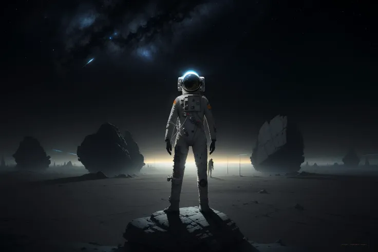 an ultrafine detailed portrait of a spaceman standing on a barren planet in the middle of the night, astronaut helmet, solo, space art, landscape with analogous colors, rocks, mountains, stars, white plastic panels, negative space, spacecraft, by John Berkey, by Chris Foss, by Stephan Martiniere, by Robert McCall, by Dan McPharlin, by Ian McQue, cgsociety, BREAK Hypermaximalist, Maximalism, Highres, High Quality, Highly Detailed, Ultra-Detailed