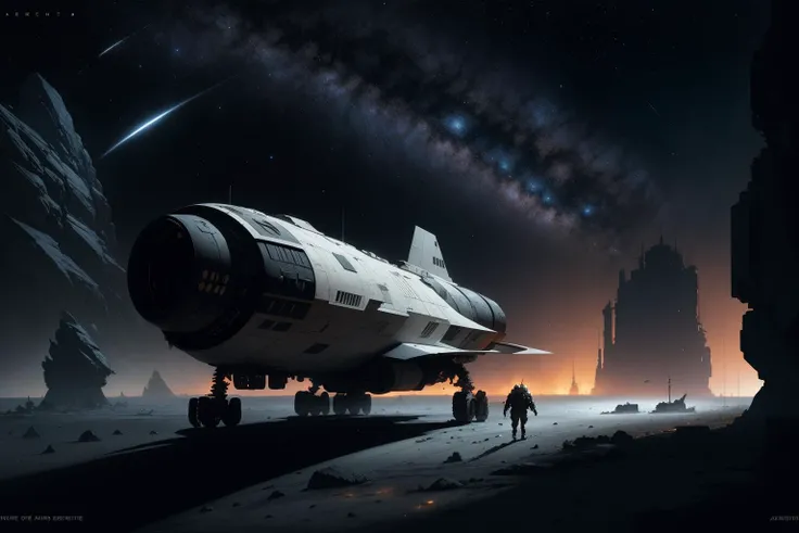 an ultrafine detailed painting of a spacecraft in the middle of the night, space art, landscape with analogous colors, barren planet, rocks, mountains, stars, white plastic panels, negative space, silhouette of spaceman, by John Berkey, by Chris Foss, by Stephan Martiniere, by Robert McCall, by Dan McPharlin, by Ian McQue, cgsociety, BREAK Hypermaximalist, Maximalism, Highres, High Quality, Highly Detailed, Ultra-Detailed