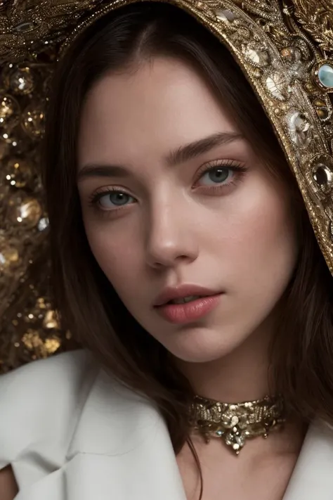 (masterpiece, high quality, detailed:1.3), embark on a visual journey of cosmic glamour with a fashion photography portrayal featuring a female model, Sydney Sweeney, Scarlett Johansson, with (long brown hair:1.3), Canadian, hazel eyes, draped in an avant-garde wardrobe that blends metallic textures and vibrant hues in a futuristic fashion statement. The model's striking pose exudes confidence and allure, while her intense gaze conveys a sense of mystery and sophistication. The creative wardrobe, adorned with bold patterns and innovative design elements, captivates the eye with its avant-garde allure and artistic flair. Against a backdrop of dramatic lighting that enhances the cosmic theme, this close-up shot captures the intricate details of the futuristic ensemble, showcasing a harmonious fusion of creativity, glamour, and avant-garde style in a captivating and visually stunning composition.