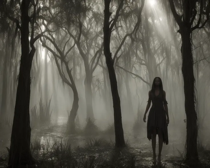 voodoo, swamp, shafts of sunlight, mist, detailed face, full body, real person, chiaroscuro