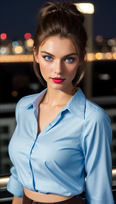 (young:1.2) 23 yo beautiful tall european woman, high detailed skin, slim face, (detailed face:1.3), fair skin, medium brown hair, messy hair bun, gorgeous almond shaped blue eyes, eye shadow, red soft lips, small bust, slim waist, light smile, baggy shirt, standing in balcony of a high rise luxury hotel, blurry city light background, full body, font view, (looking at viewer), film grain, best quality, ultra high res, (photorealistic:1.2), raw photo, night time, shadow