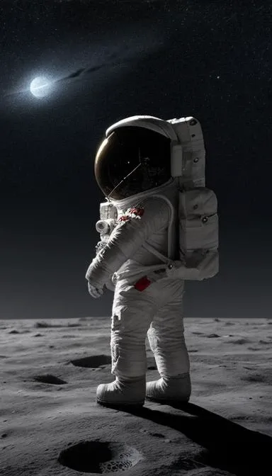 cartoonish moon, a tiny cartoonish astronaut standing on the surface, blurry dark universe, few stars in the background, view from a far distance, realistic drawing, art work, masterpiece