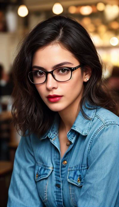 a young pretty woman, slim face, vibrant skin, dark untamed hair, black eyes, parted lips, light makeup, lipstick, glasses, wearing denim shirt, and denim jeans, sitting in a cafe, bokeh background, close up, upper body (photorealistic:1.3), film grain, <lora:looking_at_viewer:1>