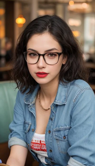 a young pretty woman, slim face, vibrant skin, dark untamed hair, black eyes, parted lips, light makeup, lipstick, glasses, wearing denim shirt, and denim jeans, sitting in a cafe, bokeh background, close up, upper body (photorealistic:1.3), film grain,  <lora:looking_at_viewer:1>