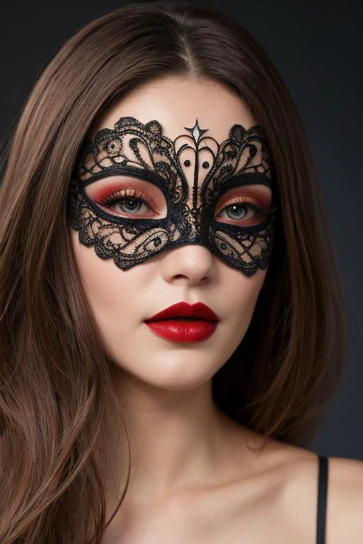 Dynamic angles, lips parted, editorial photoshoot, macro closeup portrait photo of a woman with an intricate black lace masquerade mask with beades, full red lips, intricate eye makeup with smoky eyeshadows, metallic accents, and bold lashes. Use soft, diffused lighting to create an ethereal glow, emphasizing the mystique of the masquerade.