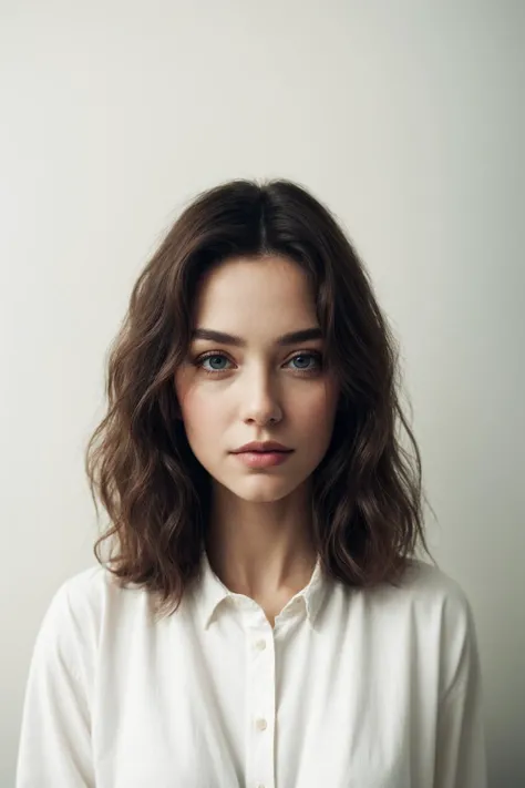 beautiful hippie woman, thick,
dark makeup, plump lips, doe eyes, soft smile,
upper_body, analog photo, film grain, soft lighting,
hands behind head, 
medium length sleeves, blank shirt