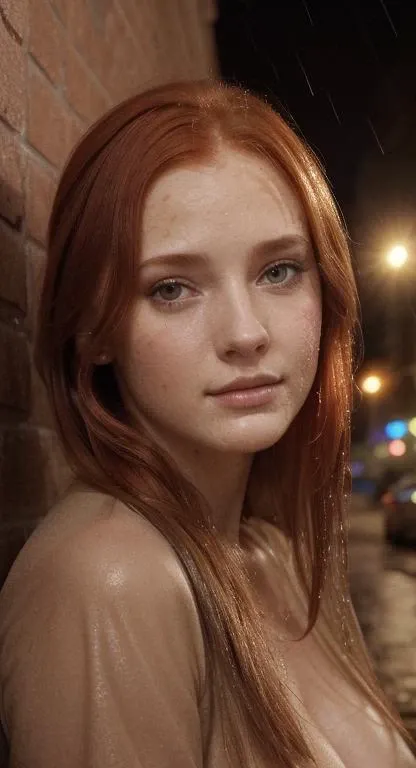 a 22yo red hair young woman, flushed complexion, natural medium breasts, thick straightened medium length hair, realistic, detailed face, detail skin, cute, tall nose, realistic, amateur flash, beautiful face, hazel eyes, 1girl, <lora:VioletXL:0.8>, night time on the street with neon light in the background, <lora:add-detail-xl:1.3> misc, all, portrait, <lora:real_skin:0.8> <lora:ReaLora:0.8>, <lora:extremely_detailed:0.8> extremely detailed, raining, wet clothes, leaning on a brick wall, ((wet))