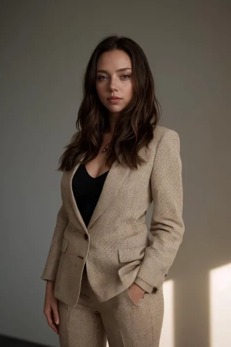 cinematic photo of (masterpiece, high resolution, detailed:1.3), medium body studio portrait showcasing a woman, Sydney Sweeney, Scarlett Johansson, with (long brown hair:1.3), Canadian, hazel eyes medium breasts, she has a slim hourglass figure, her glutes are rounder nipples are round and perky, in an attire of (modern elegance:1.2), donning a (tailored blazer:1.2) and (stylish trousers:1.1), (soft diffused lighting:1.2) highlighting her features, (subtle contouring:1.1) enhancing her cheekbones, (sleek hairstyle:1.1) adding refinement, (minimalist backdrop:1.2) emphasizing her presence, (confident stance:1.1) exuding sophistication, (warm and inviting:1.1) expression, a portrait of (timeless grace:1.2) and (contemporary allure:1.1)
, 35mm photograph, film, bokeh, professional, 4k, highly detailed