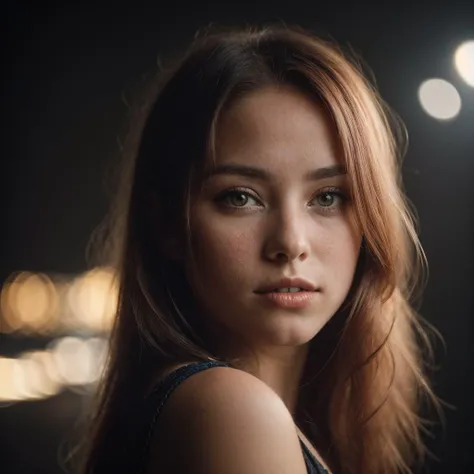 a cute girl, 25 years old, ginger hair, dark studio, black background, Porta 160 color, backlit, shot on ARRI ALEXA 65, bokeh, sharp focus on subject, shot by Don McCullin, <lora:ReaLora:0.45>