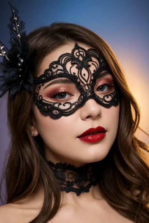 a macro closeup portrait photo of a woman with an intricate black lace masquerade mask with beades, full red lips