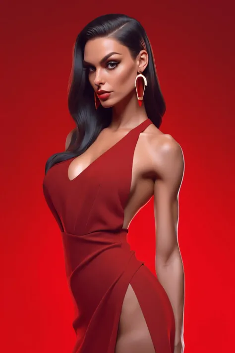 1girl, armlet, arms behind back, black background, breasts, dress, earrings, jewelry, lips, long hair, looking at viewer, makeup, medium breasts, navel, nose, pantyhose, parted lips, red background, red dress, side slit, sleeveless,  solo, , toned, undercut <lora:SN3DM_sd15_scaled_v2-000010:0.75> sn3dm, sn3dmstyle