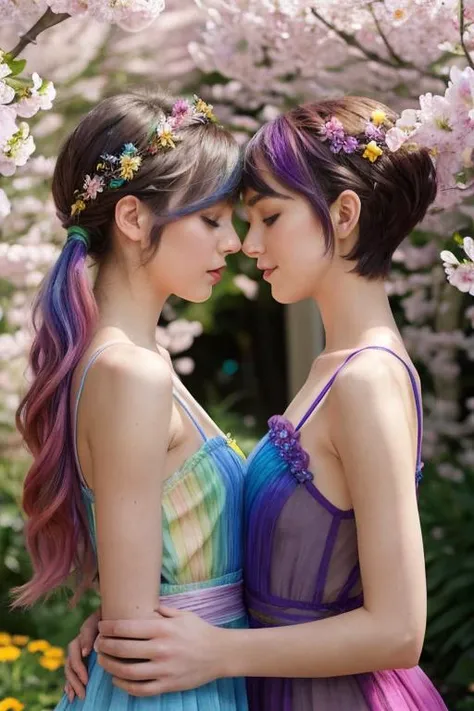 PA7_Photo, Spring Romance, Show a tender moment between two people, beautiful-and-cute-skinny-21yo-2females, ultra-detailed-chiseled-faces, dark-detailed-eyes, one with a pixie cut dyed in vibrant colors and the other with long, flowing rainbow hair, surrounded by blooming flowers in a spring garden, They share a tender moment, their love as colorful and beautiful as the flowers around them