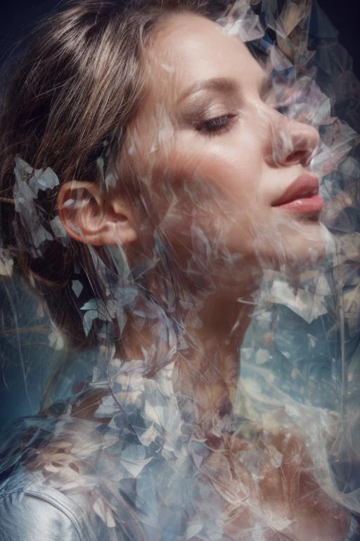 cinematic photo of (masterpiece, colored gels, double exposure:1.3) Experience the allure of a majestic aura with a dynamic portrait photoshoot in a vibrant photo studio. Envision a captivating woman exuding confidence and sensuality as she strikes poses illuminated by the vibrant hues of colored gels. Clad in a striking blue lace babydoll and a chic leather jacket, she embodies a powerful blend of elegance and allure that commands attention. The use of double exposure techniques adds depth and dimension to the portraits, creating a mesmerizing visual narrative that captures her majestic and sensual essence. Her poses are a harmonious fusion of grace and allure, showcasing her radiant beauty in a series of captivating frames. This masterpiece portrait series is a testament to the artistry of colored gels and double exposure, offering a glimpse into a world of dynamic beauty and timeless elegance, <lora:more_details:1>, <lora:double exposure_20230615012613:0.8>, 35mm photograph, film, bokeh, professional, 4k, highly detailed